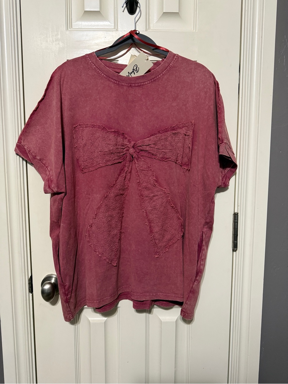 Blue Velevet Mineral Washed Magenta Tee with Eyelet Bow Accent